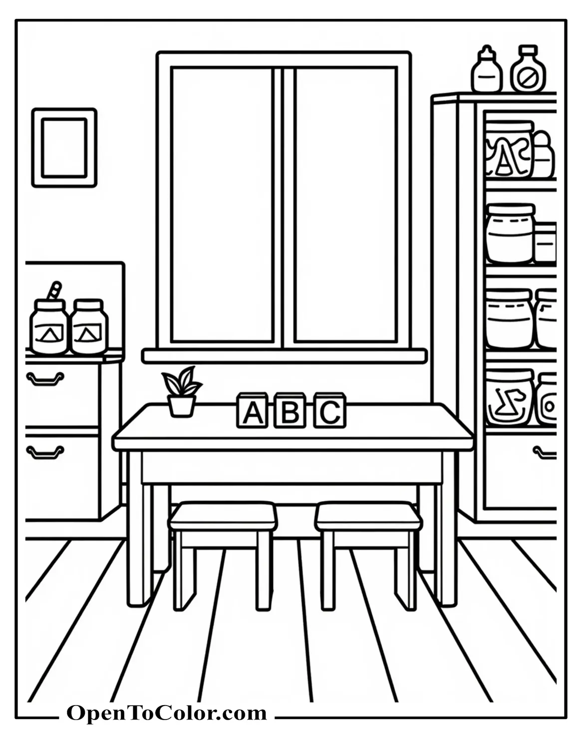 Preschool classroom scene coloring sheet of tiny table with blocks spelling "ABC" and paint jars, simple thick lines, available as a PDF.