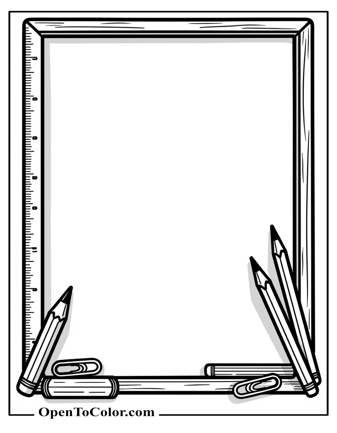 Free Coloring Sheet: Chalkboard Surrounded by Ruler, Pencils, Paperclips Forming Frame, Crisp Bold Outlines