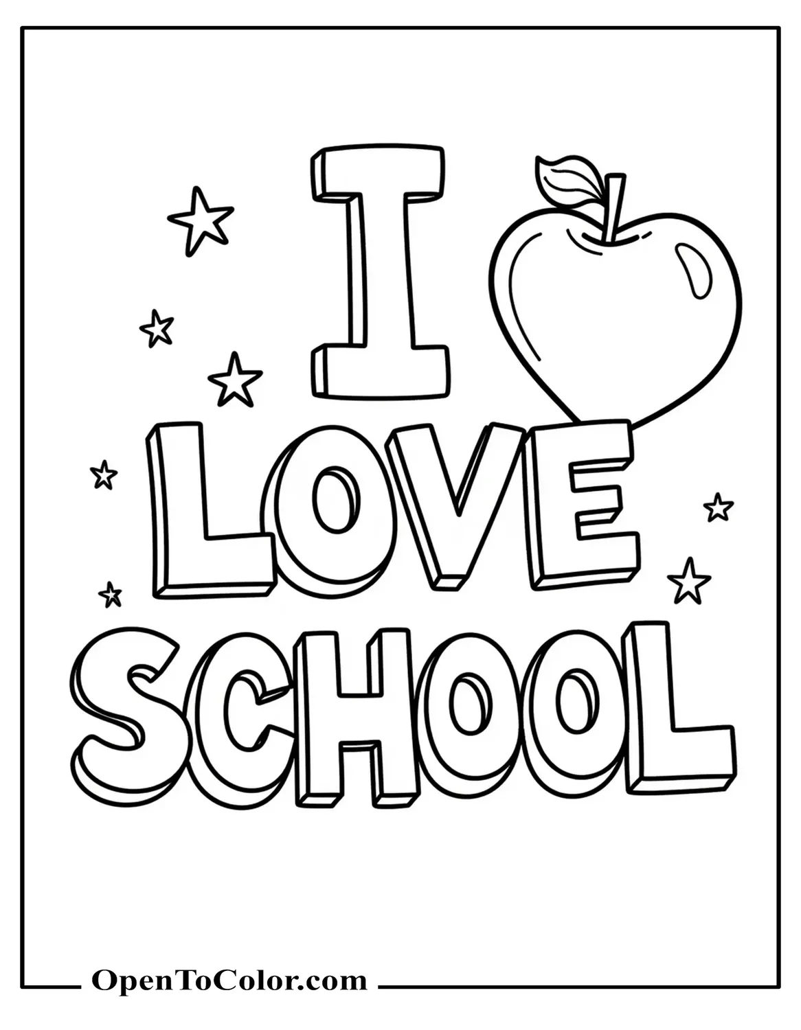 Bubble Letters Forming "I Love School" With Stars And Apple On Letter S, Tidy Bold Line Art, Coloring Sheet PDF