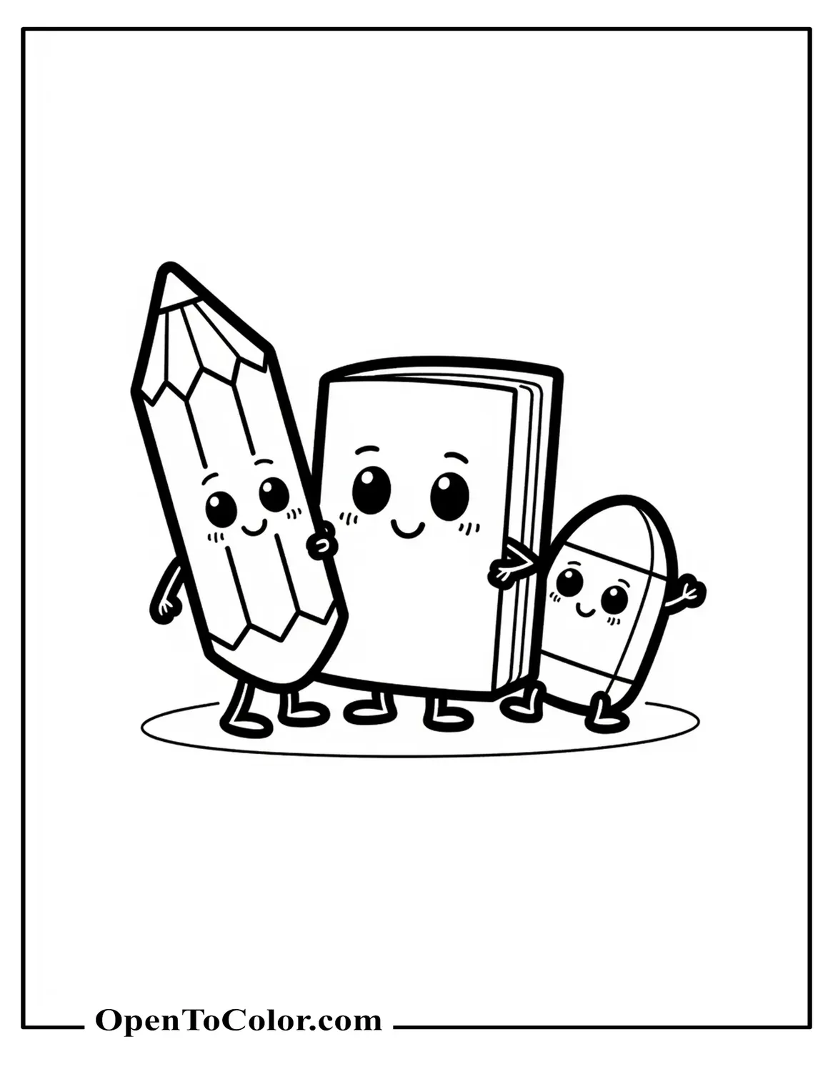 Free Coloring Page: Cute Cartoon Characters - A Pencil, A Happy Notebook, And An Eraser, Smiling And Posing With Thick Kawaii Outlines