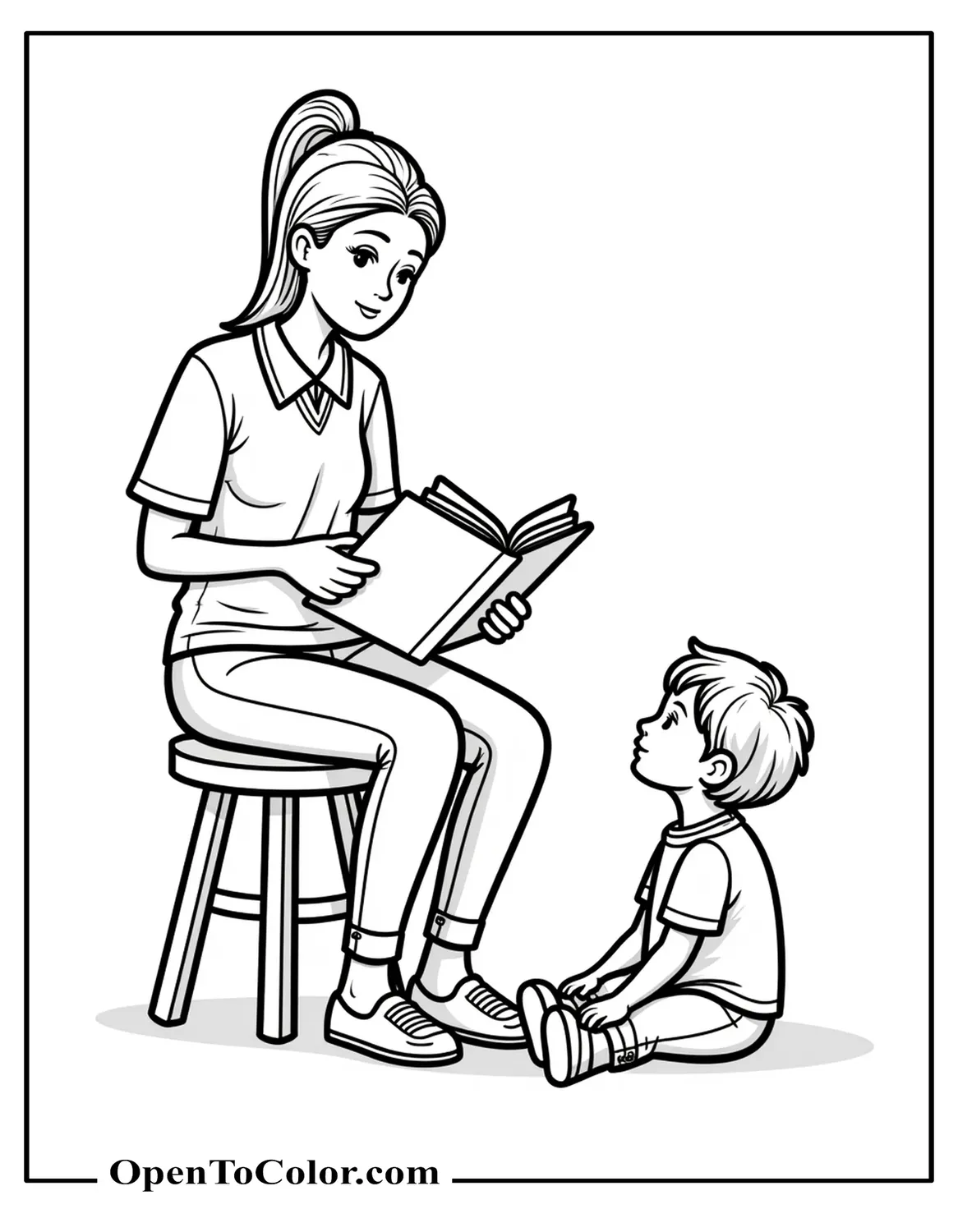 Teacher on stool reading big book to one child sitting cross‑legged, smooth clear contour lines, printable coloring sheet.