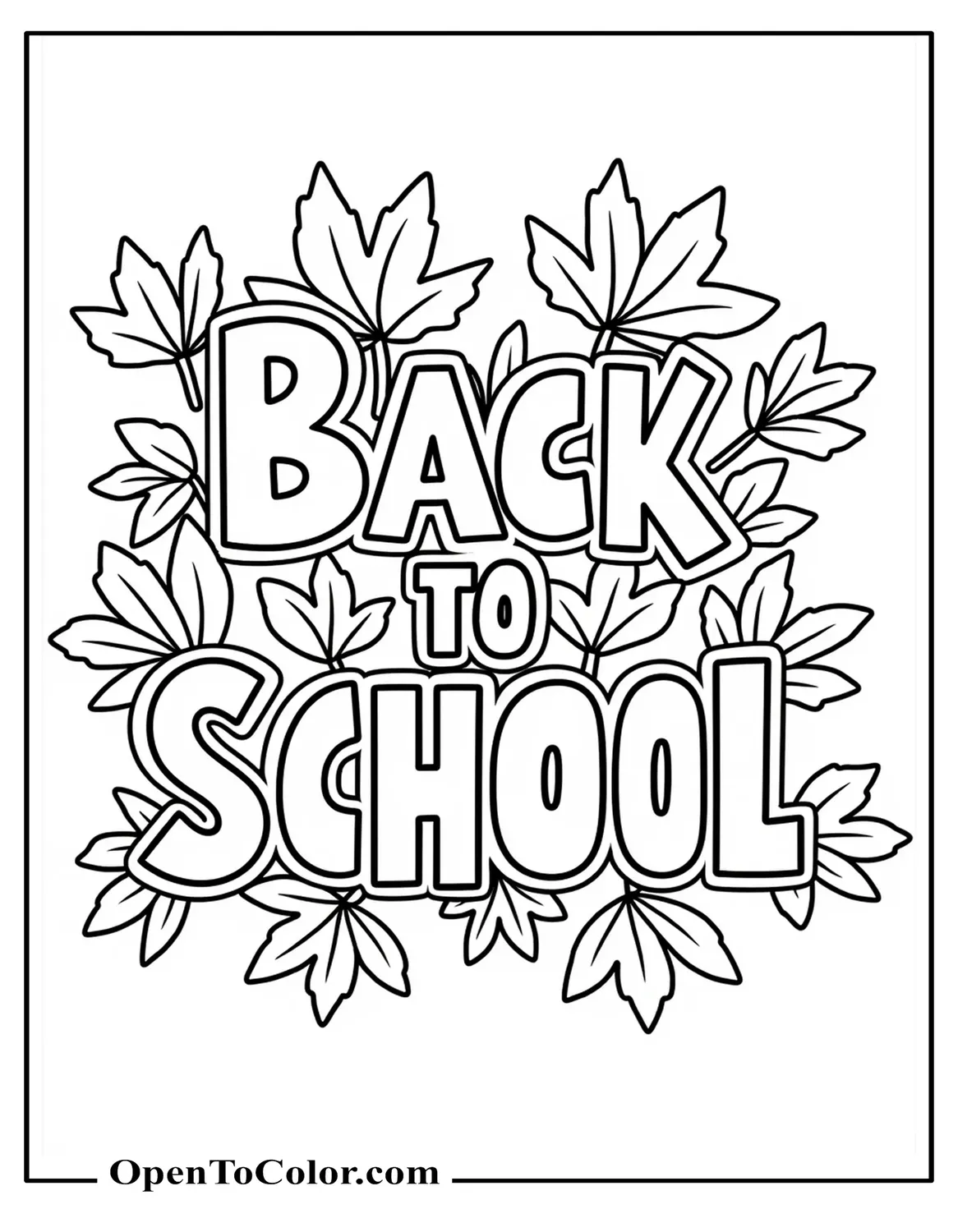 Printable Coloring Page: Block Letters Back to School Intertwined with Falling Maple Leaves, Simple Outline Style
