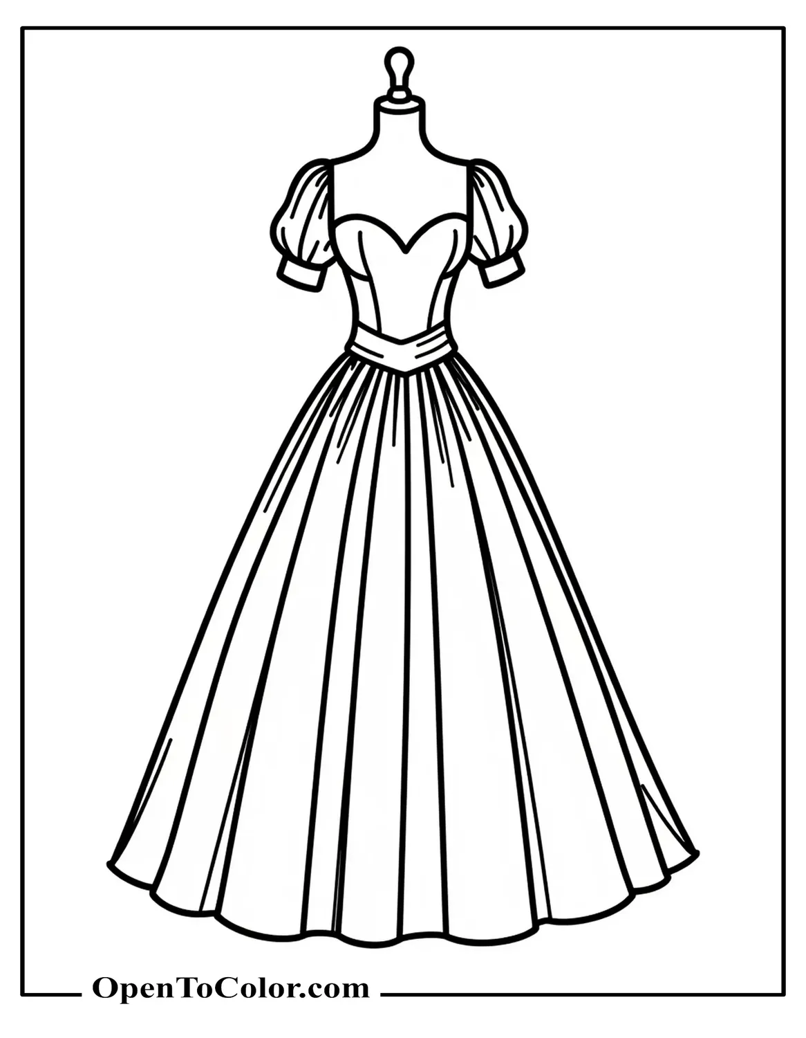 Printable Coloring Sheet of Regal Ball Gown with Sheer Puff Sleeves and Sash on Mannequin, Bold Outline