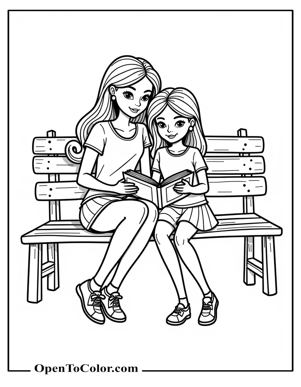 Barbie and Chelsea sitting on a bench together reading a book, printable coloring page.