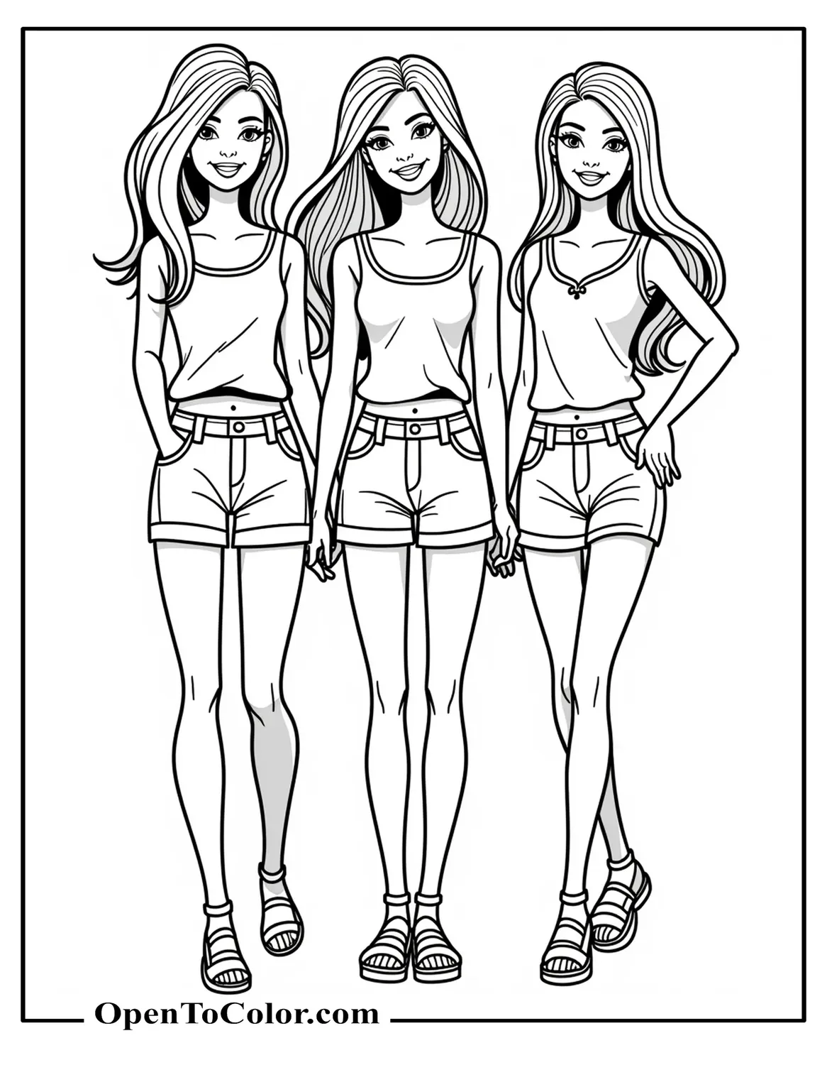 Free Coloring Page of Barbie With Three Friends in Casual Summer Clothes Smiling Together