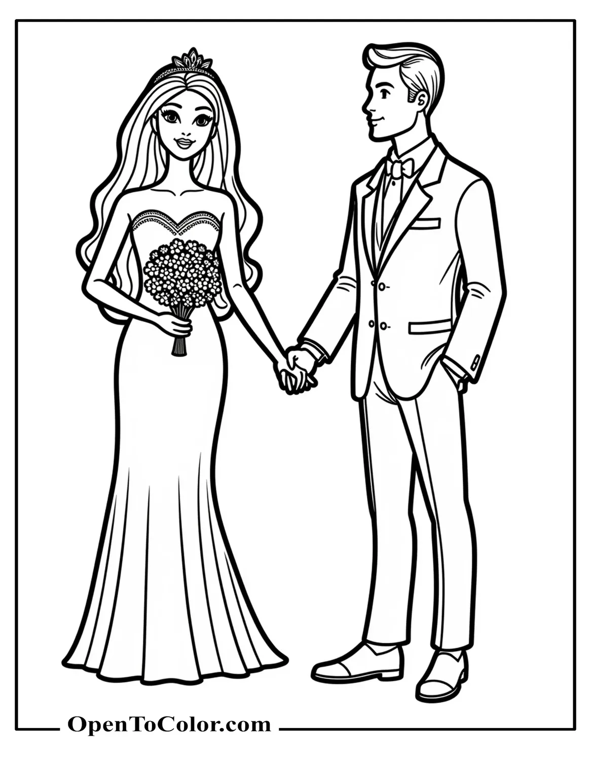 Free Barbie and Ken Coloring Sheet Holding Hands in Formal Wedding Outfits
