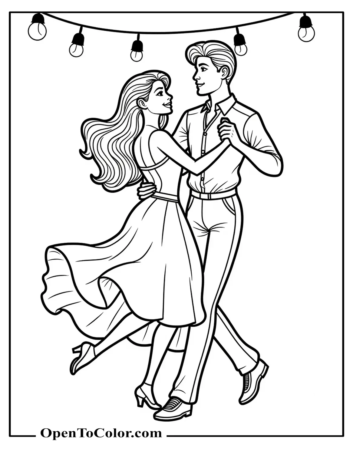 Barbie and Ken coloring page in ballroom clothes under hanging lights PDF