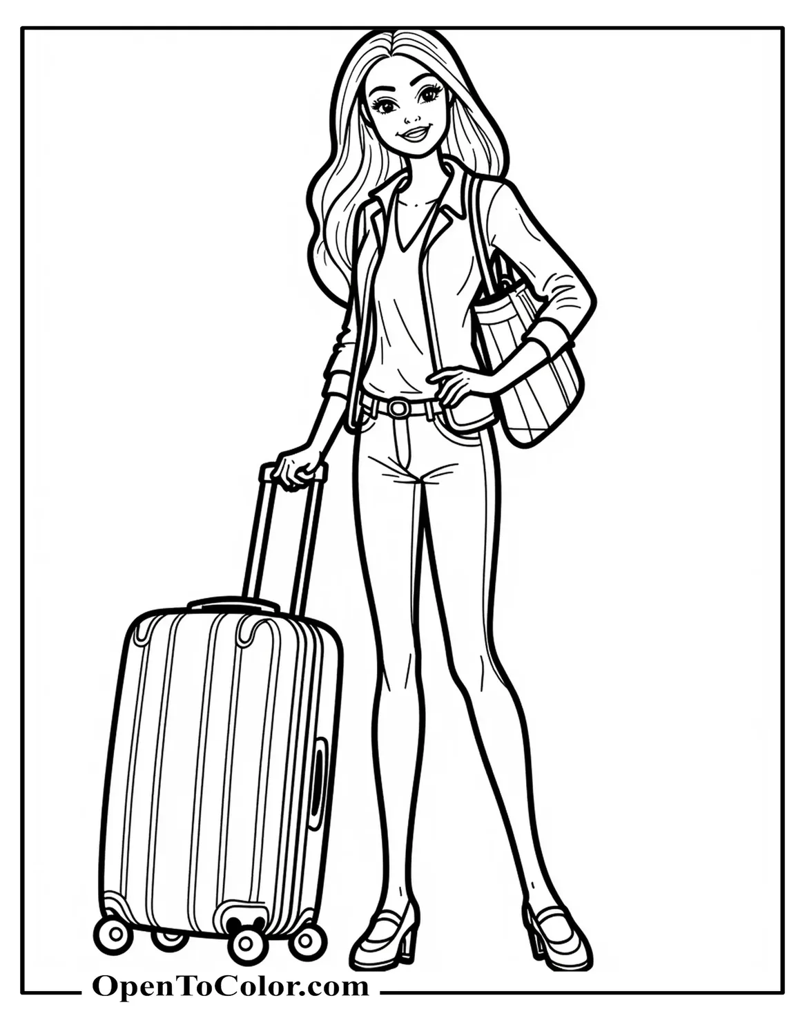 Barbie Pulling A Suitcase At The Airport Wearing Travel Outfit Coloring Sheet PDF