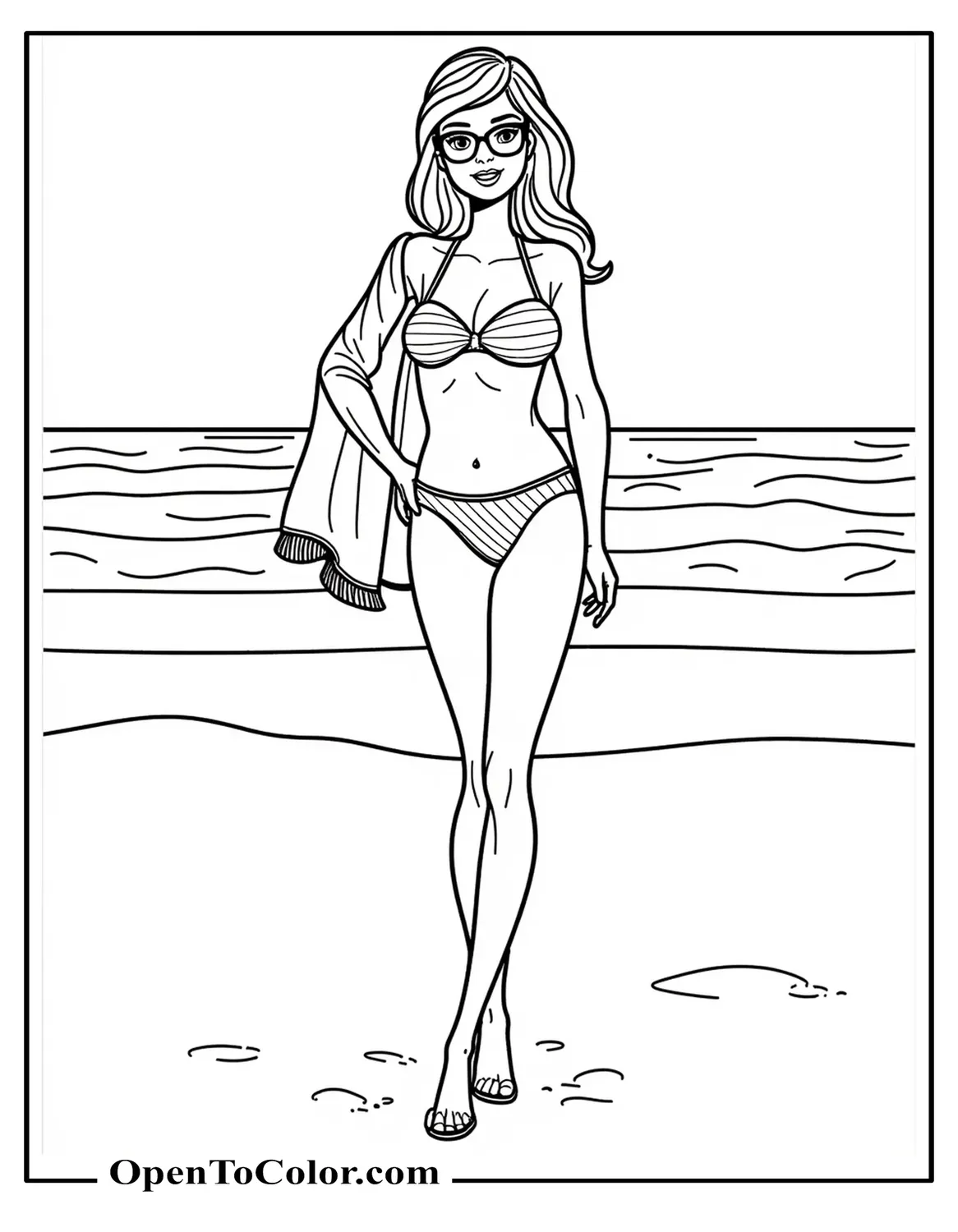 Printable coloring sheet of Barbie at the beach in a swimsuit with a towel and glasses.