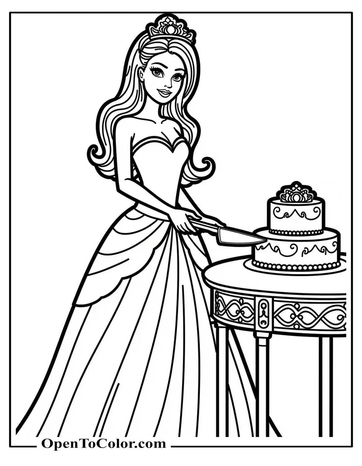 Free coloring page of Barbie in evening gown slicing cake on ornate table
