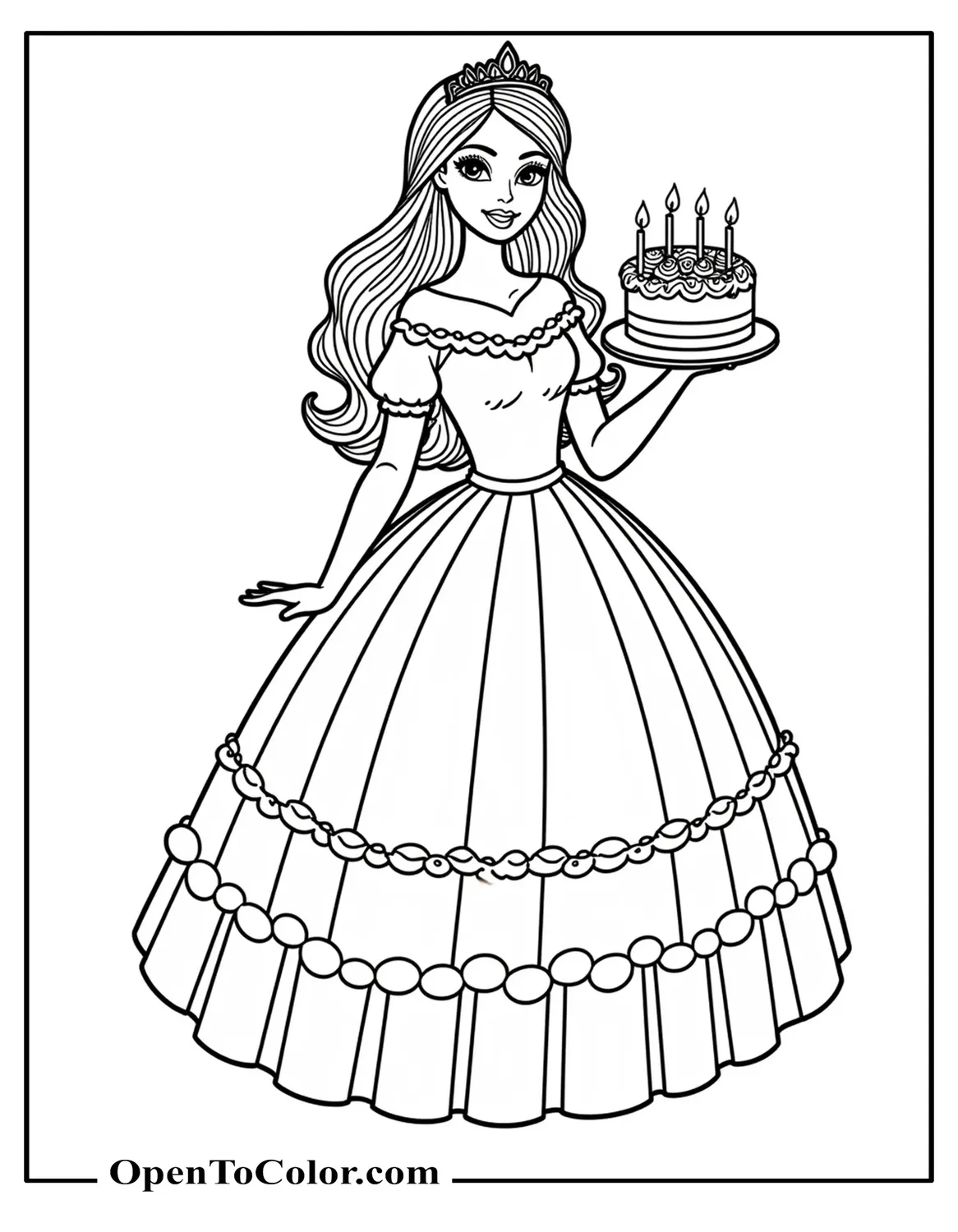 Barbie Holding A Birthday Cake Coloring Page PDF Wearing A Festive Party Dress And Tiara