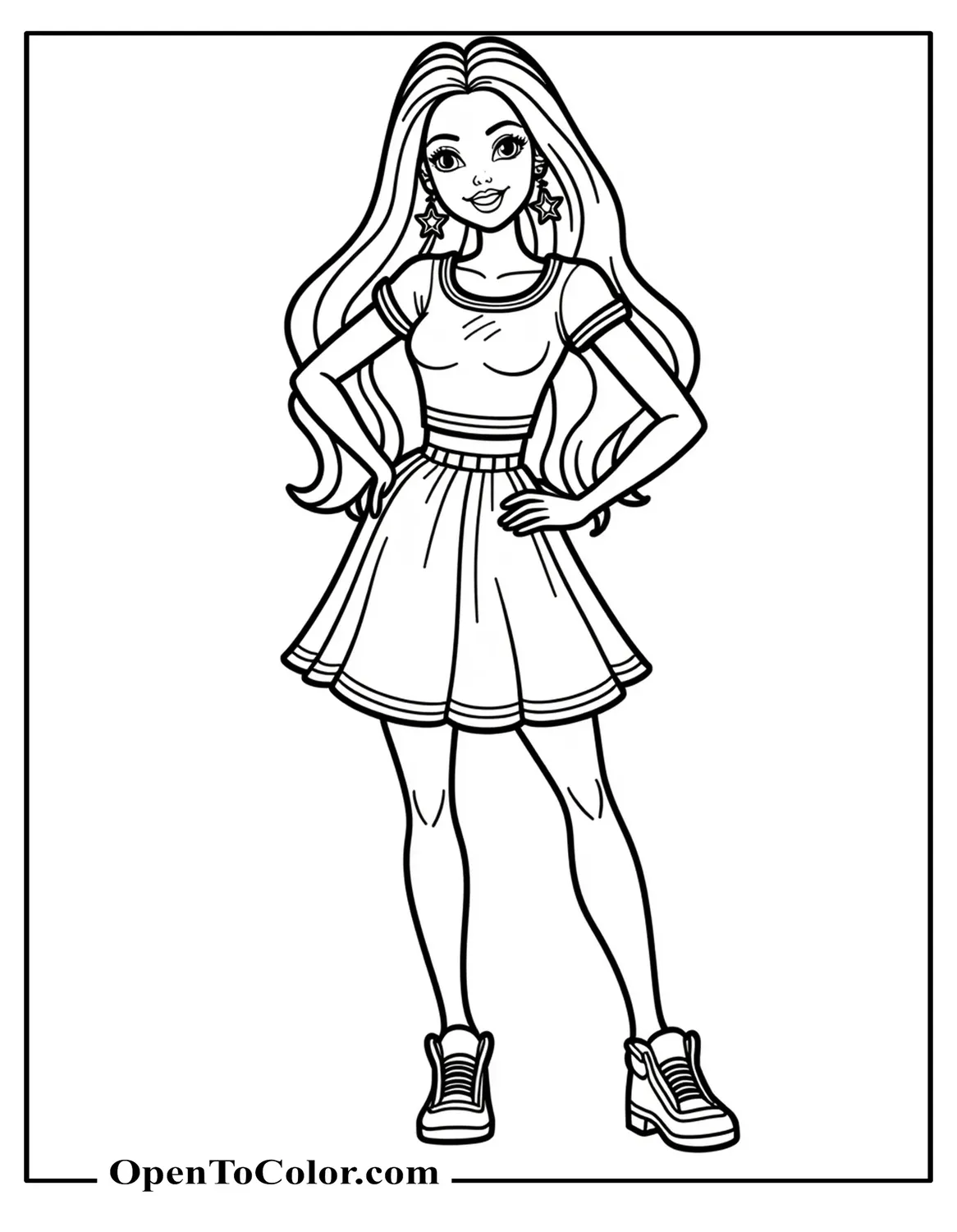 Barbie in cartoon style coloring sheet with playful outfit and star earrings PDF
