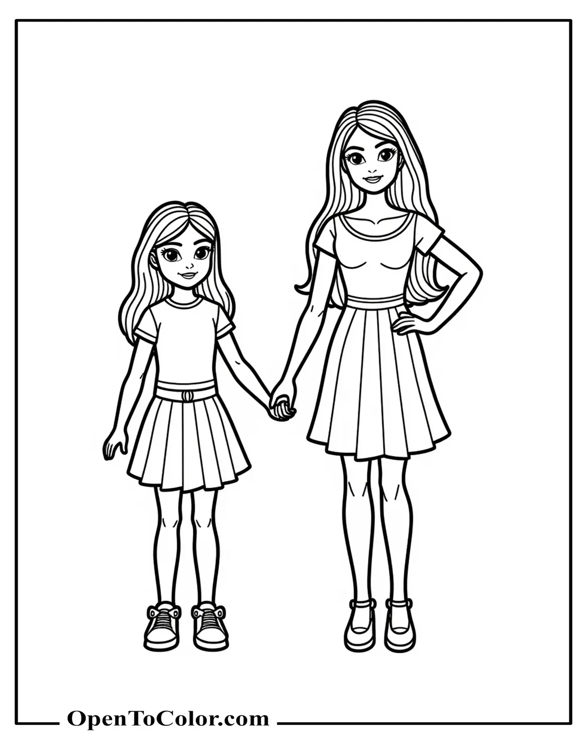 Chelsea holding Barbie’s hand, both in matching pastel outfits, coloring page, printable.