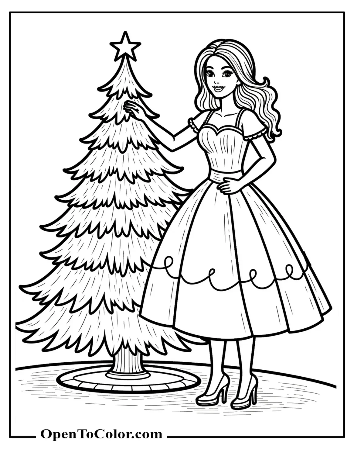Free Coloring Sheet: Barbie in a Red Holiday Dress Decorating a Christmas Tree