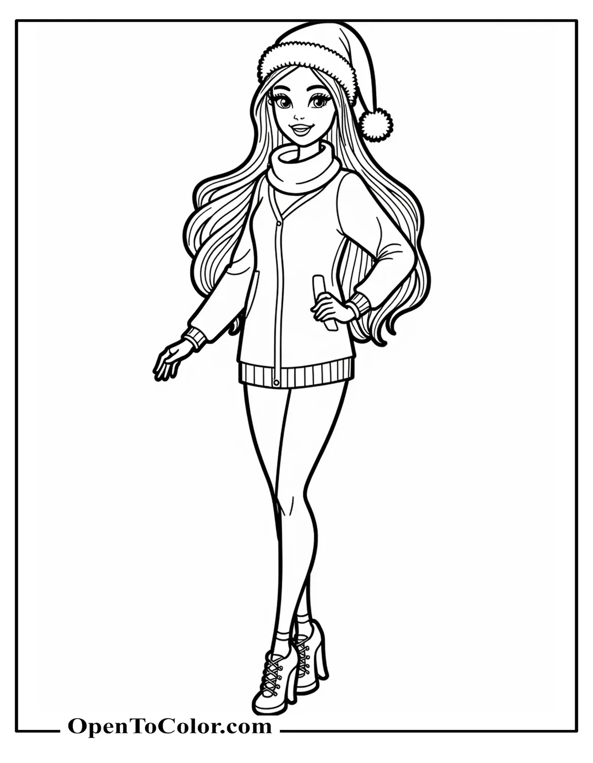 Barbie Wearing A Christmas Hat And Scarf Coloring Sheet PDF