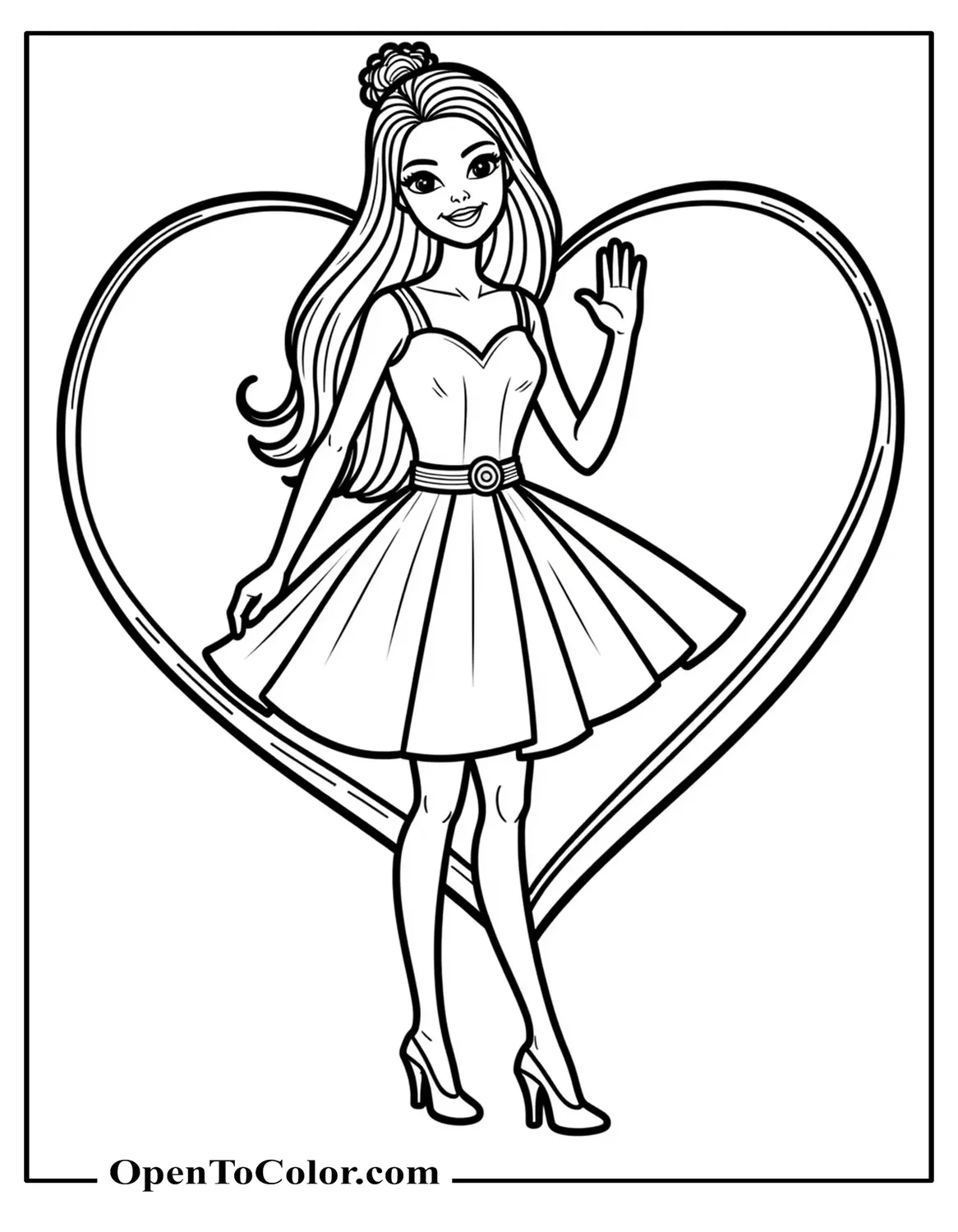 Barbie wearing a stylish dress waving in front of a heart background coloring sheet PDF.