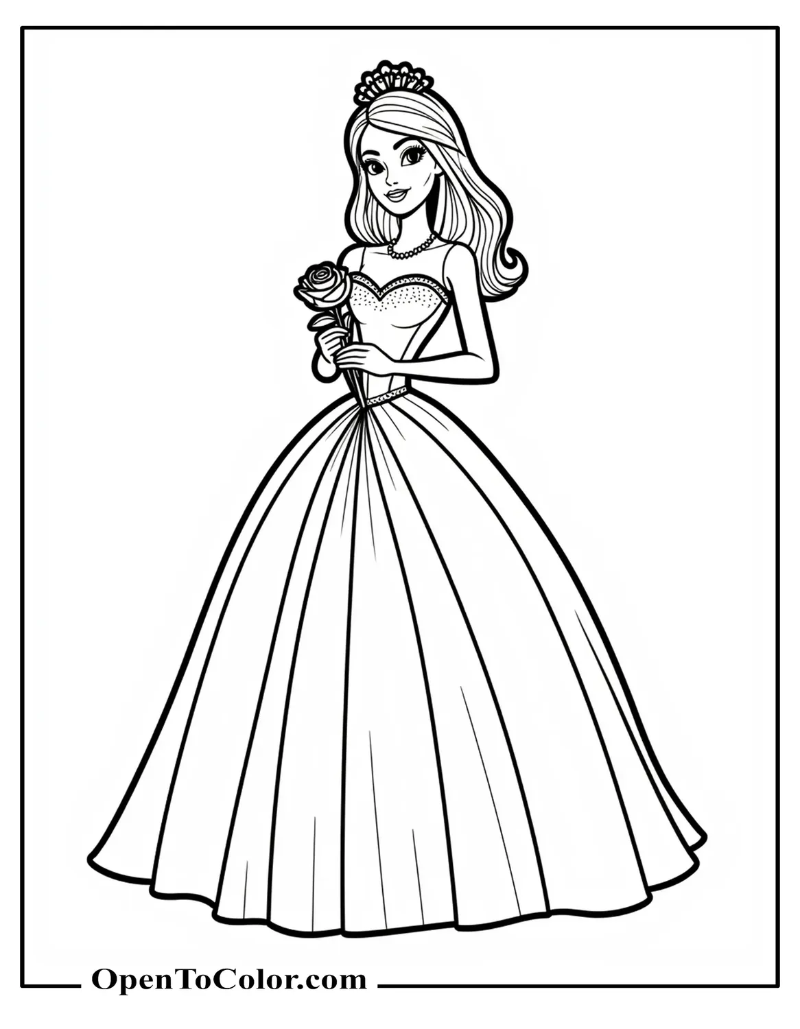 Barbie in an elegant gown holding a rose, designed for adults, coloring sheet, printable.