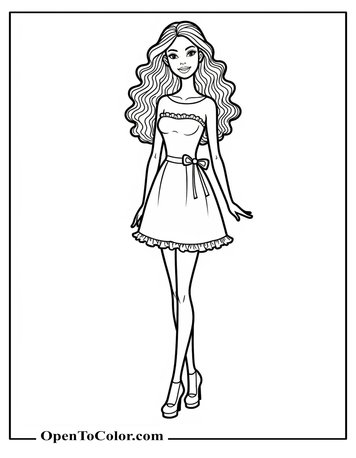 Barbie Standing In A Stylish Dress Coloring Page PDF