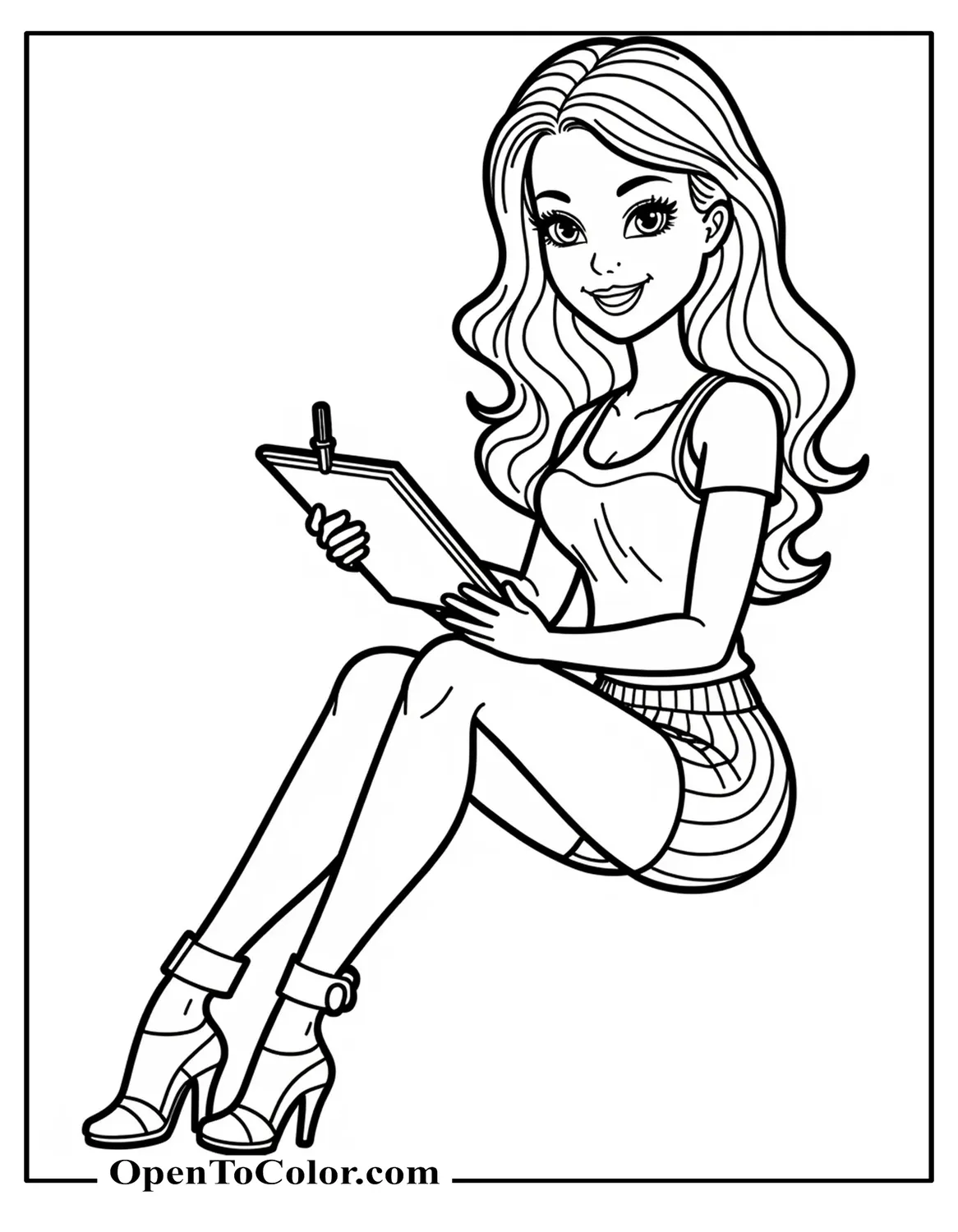 Barbie Sitting With A Sketchpad And Pencil Coloring Sheet Printable