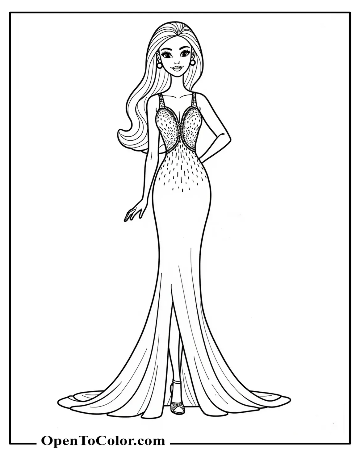 Printable Coloring Page of Fashion Barbie Doll with Long Blonde Hair, Slim Figure, Wearing a Glamorous Floor-Length Gown