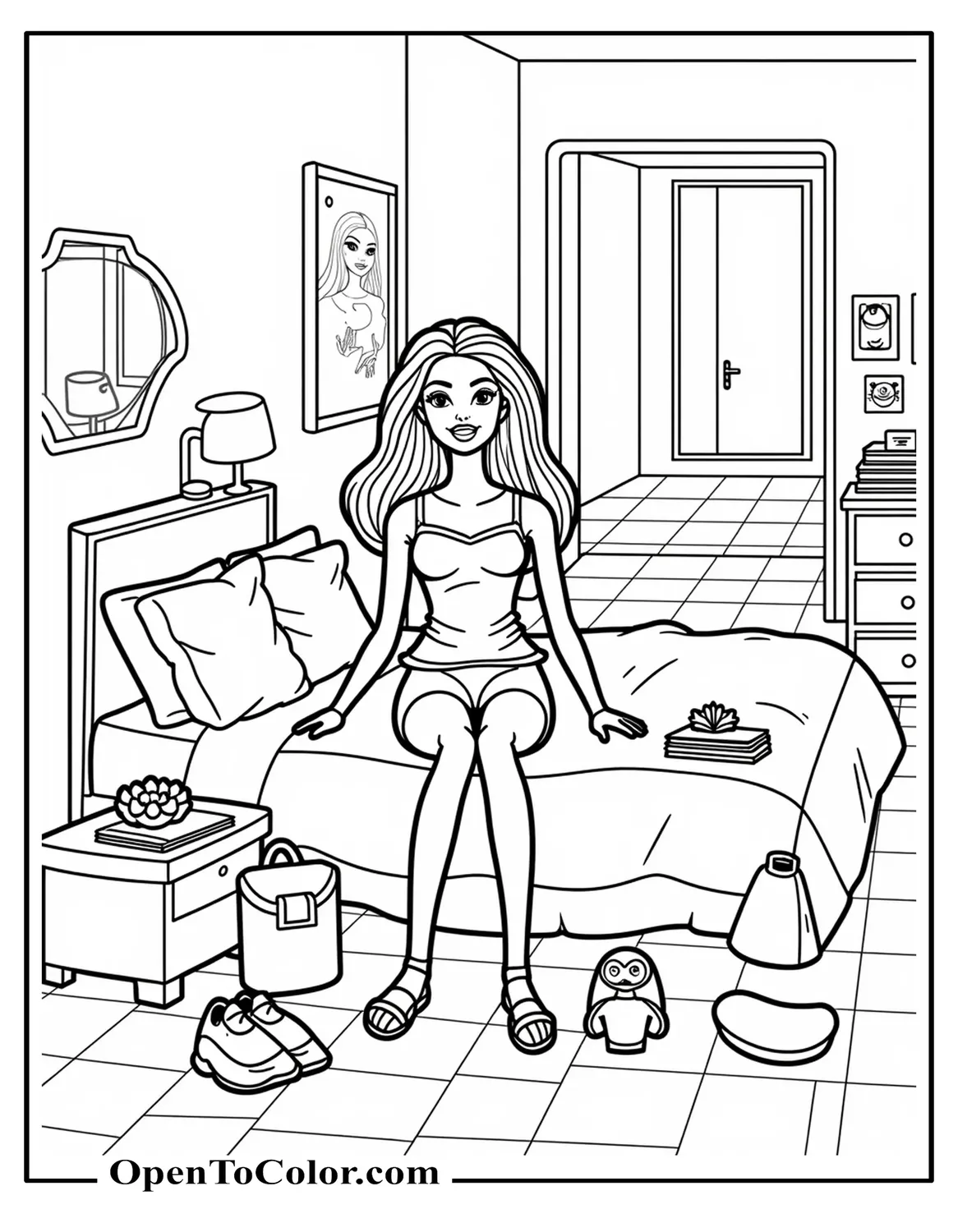 Barbie Doll Coloring Sheet PDF Sitting In Her Bedroom Surrounded By Fashion Items