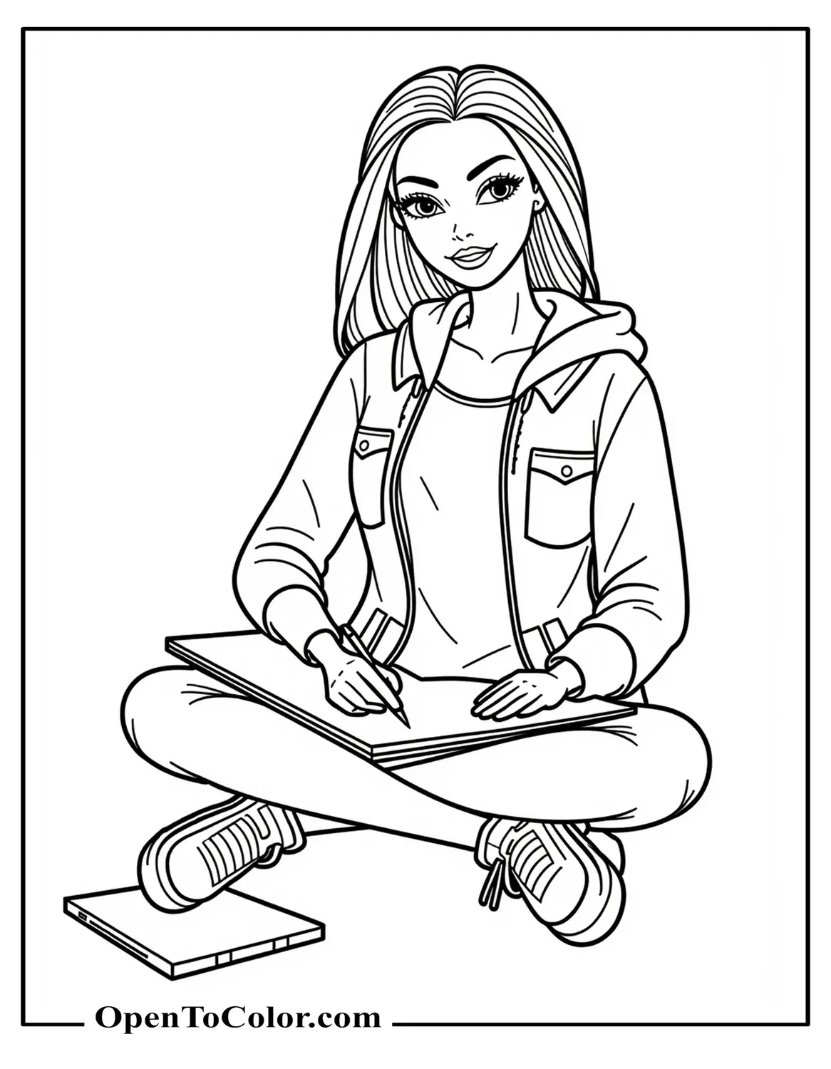 Free Coloring Sheet of Barbie Sitting and Sketching in a Notepad Wearing Casual Clothes