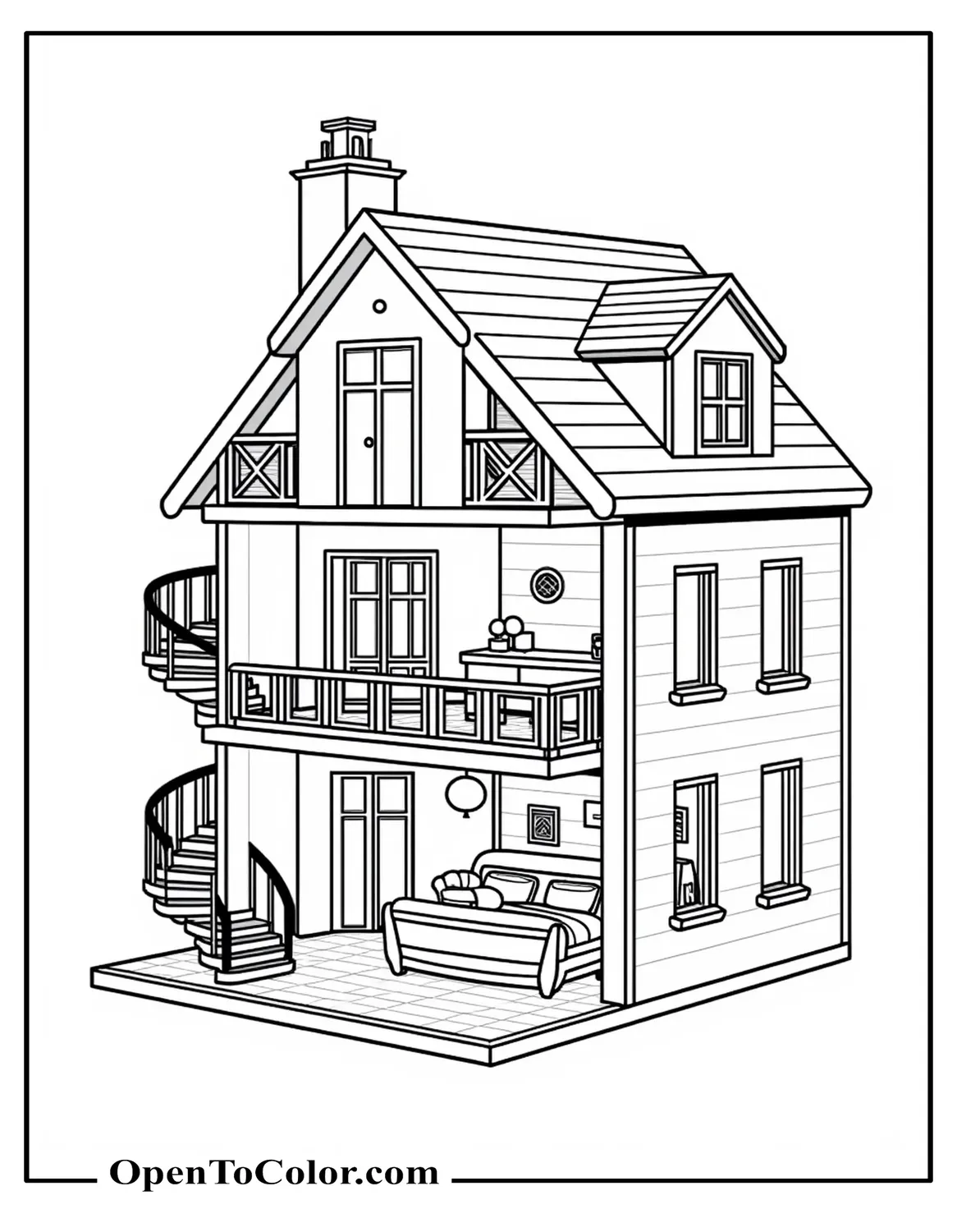 Printable Coloring Page of Three-Story Plastic Barbie Dollhouse with a Roof, Balcony Railings, Large Windows, Spiral Staircase, and Detailed Interior Rooms with Miniature Furniture