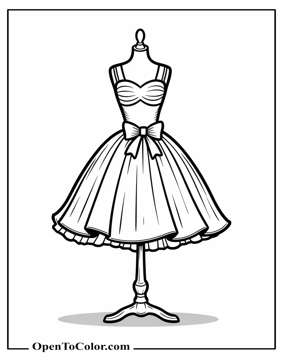 Cartoon Barbie Party Dress Coloring Page With Bow Waist On Miniature Mannequin, Clear Outline PDF