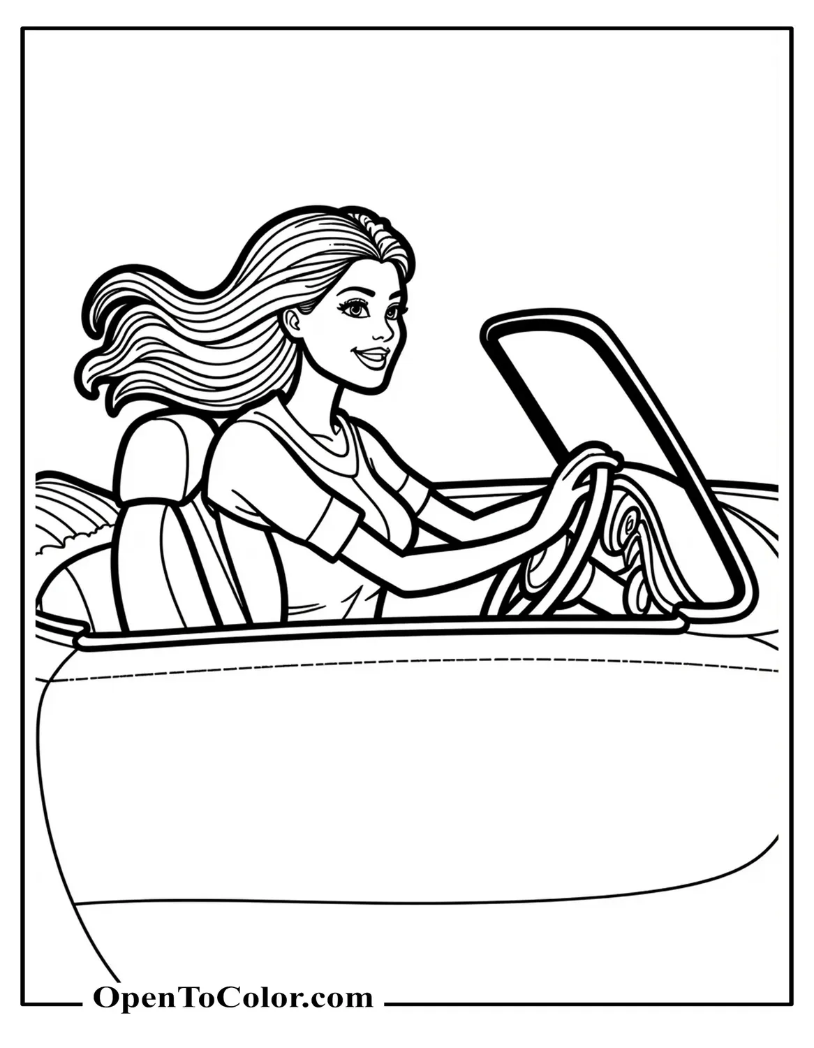 Barbie driving a convertible coloring page PDF with her hair flying in the wind