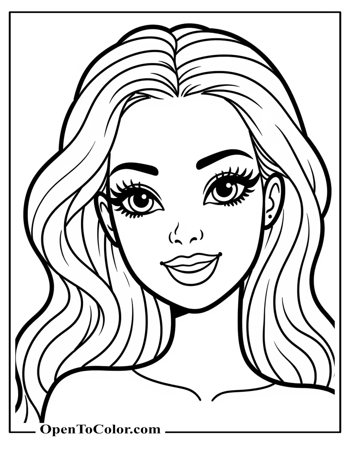 Close-up of Barbie face with bold makeup and wavy hair, coloring page PDF.