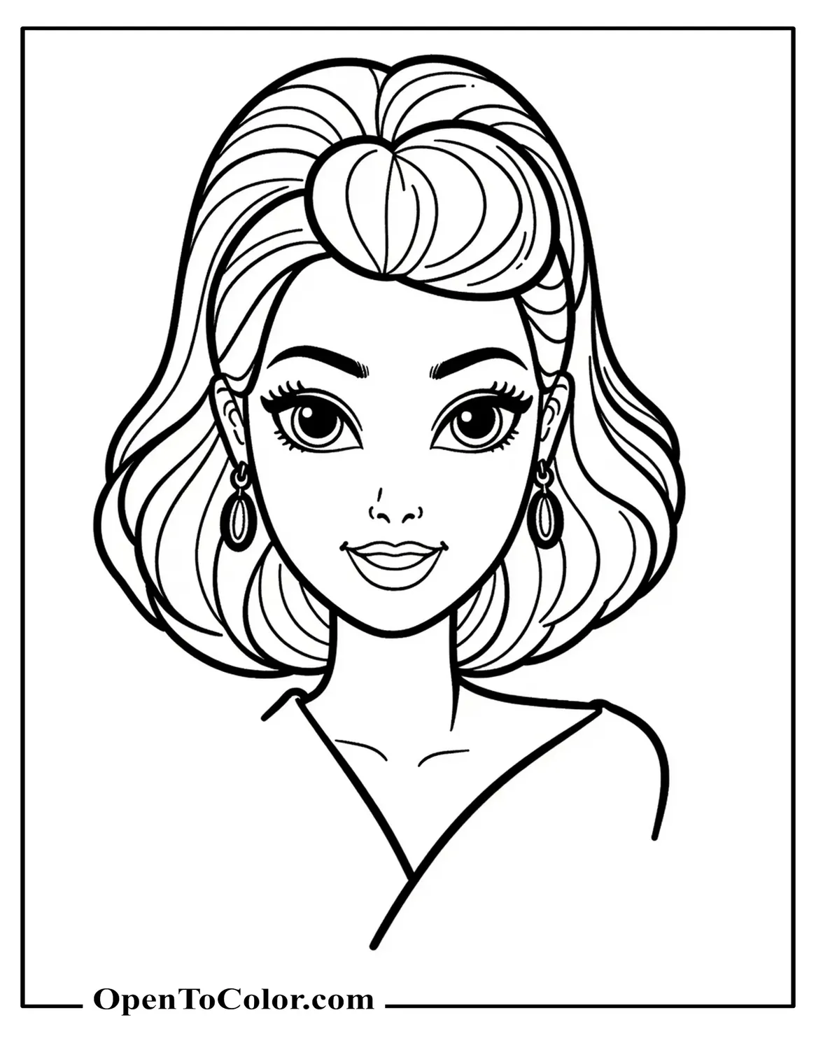 Free Coloring Sheet of Barbie Close-Up Face with Earrings and Styled Hair
