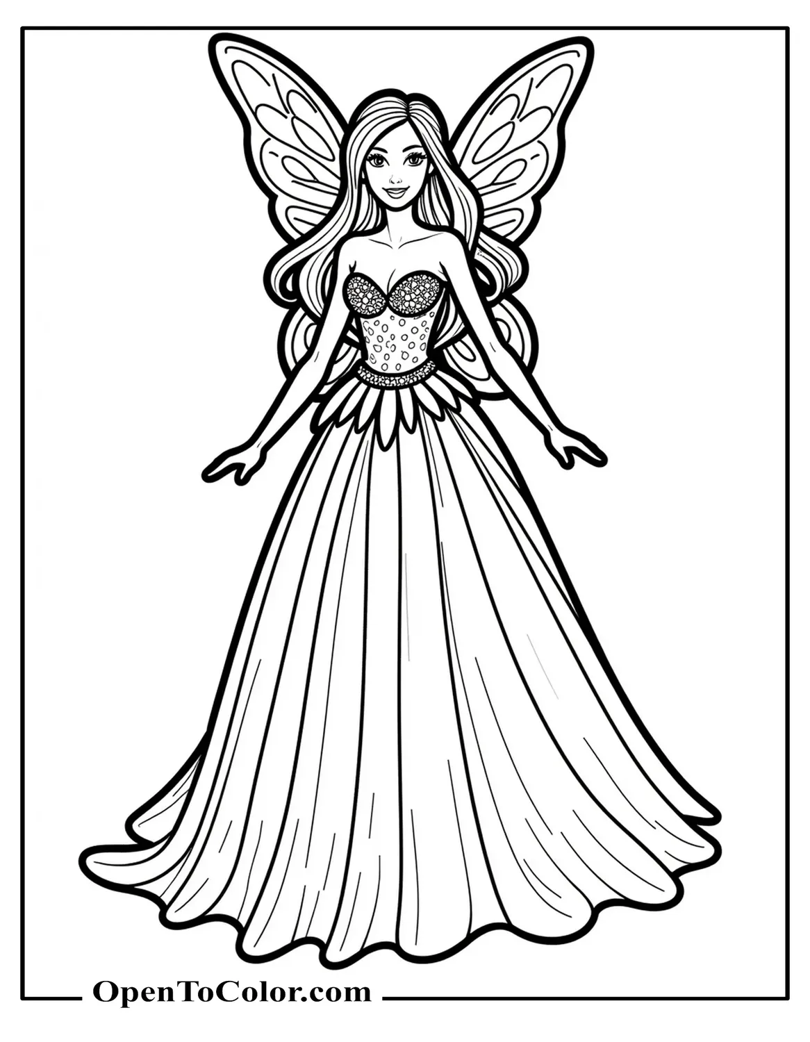 Free Coloring Sheet of a Barbie-Style Fairy Posing in a Sparkly Gown