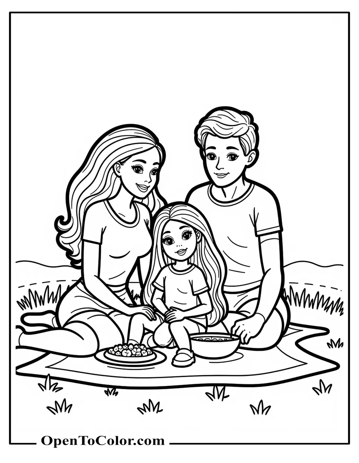 Barbie With Her Family On A Picnic Coloring Sheet PDF