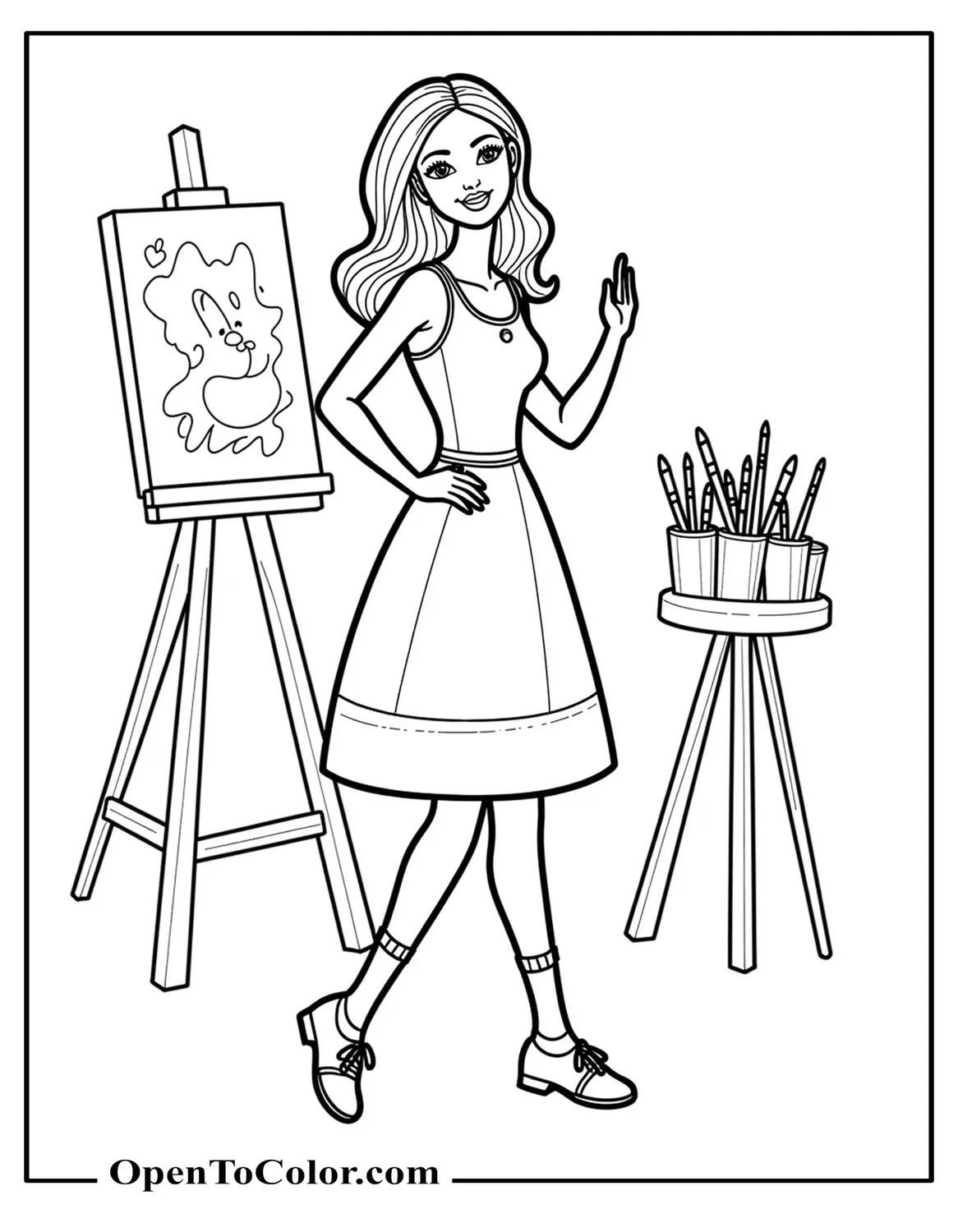 Barbie wearing a cute dress with paintbrushes and art behind her, coloring sheet PDF.