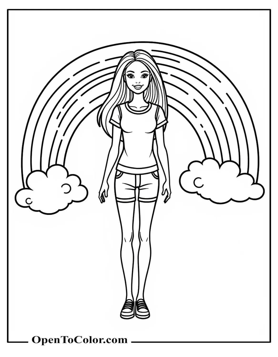 Free Coloring Page of Barbie Smiling in Front of a Rainbow Wearing a Casual Outfit