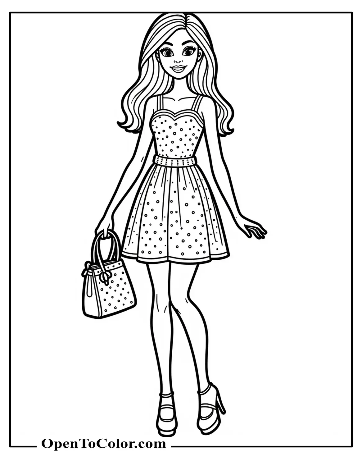 Printable Coloring Sheet of Barbie Girl Holding a Purse in a Cute Polka Dot Dress