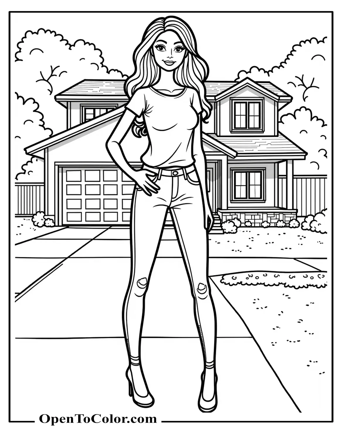 Barbie standing in front of her dream house coloring page PDF wearing jeans and a T-shirt.