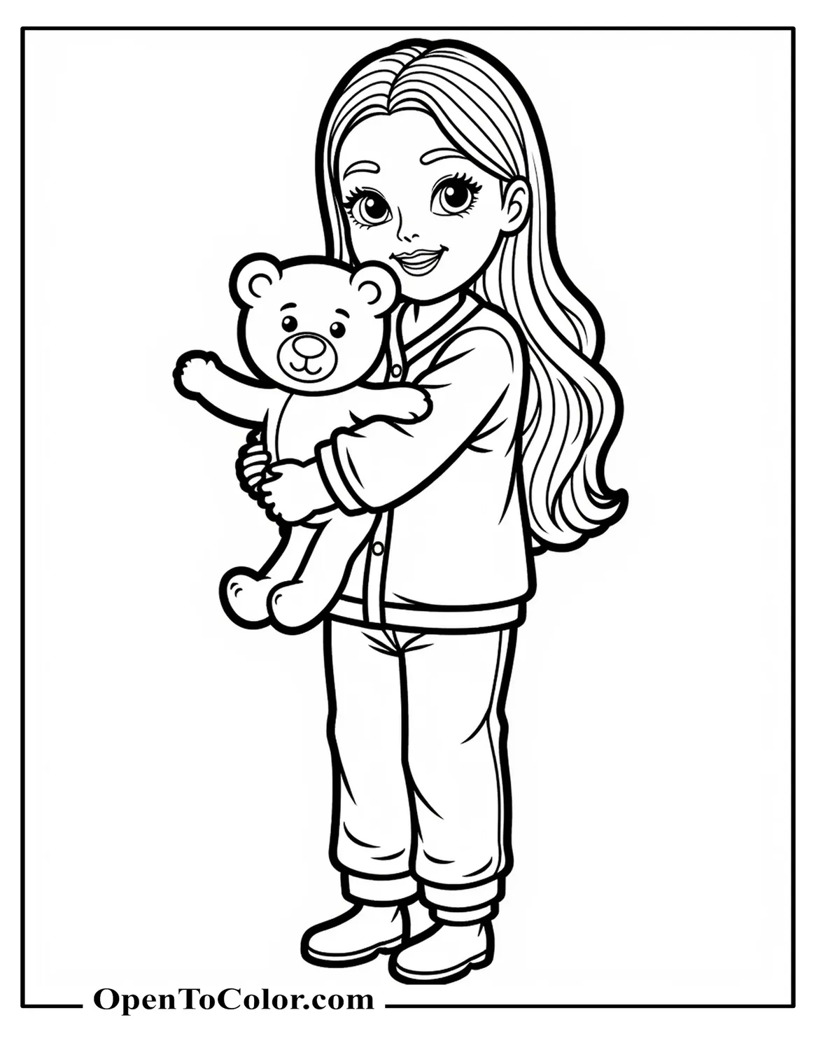 Free Coloring Sheet of Kelly Smiling and Holding a Teddy Bear in Pajamas