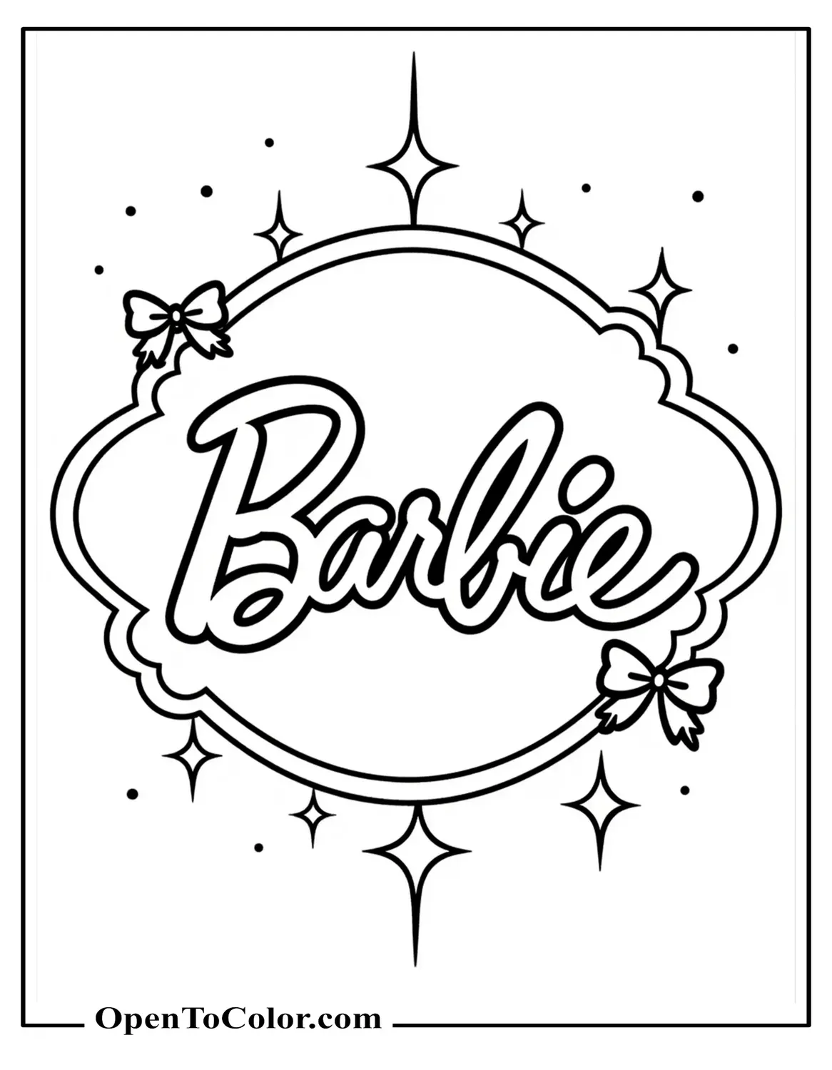 Barbie logo centered with sparkles and bows around it, printable coloring page.