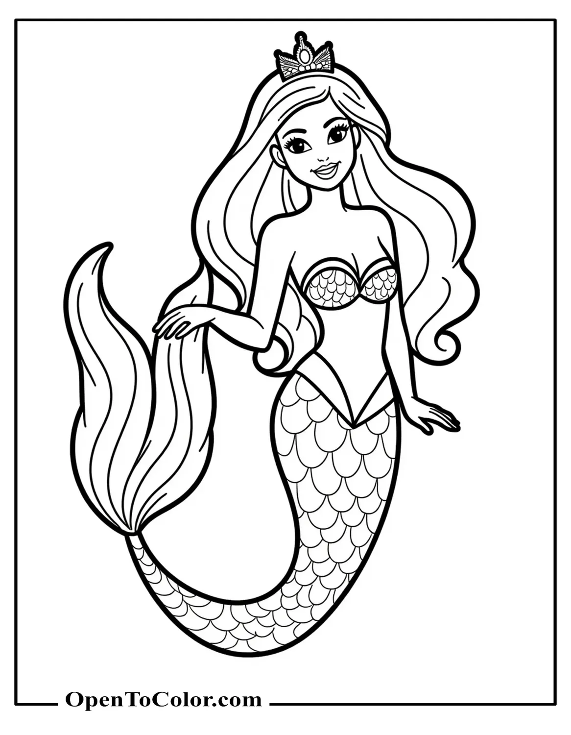 Barbie-style mermaid coloring page in PDF format, posing with flowing hair and tiara.