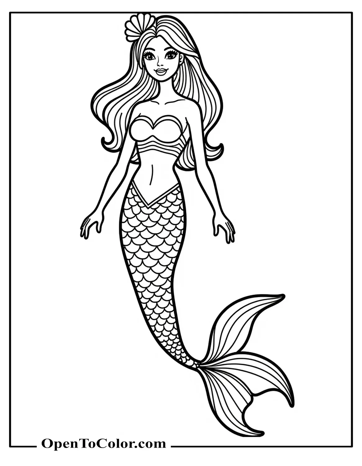 Free Coloring Sheet of Mermaid Barbie with a Seashell Crown and Long Tail
