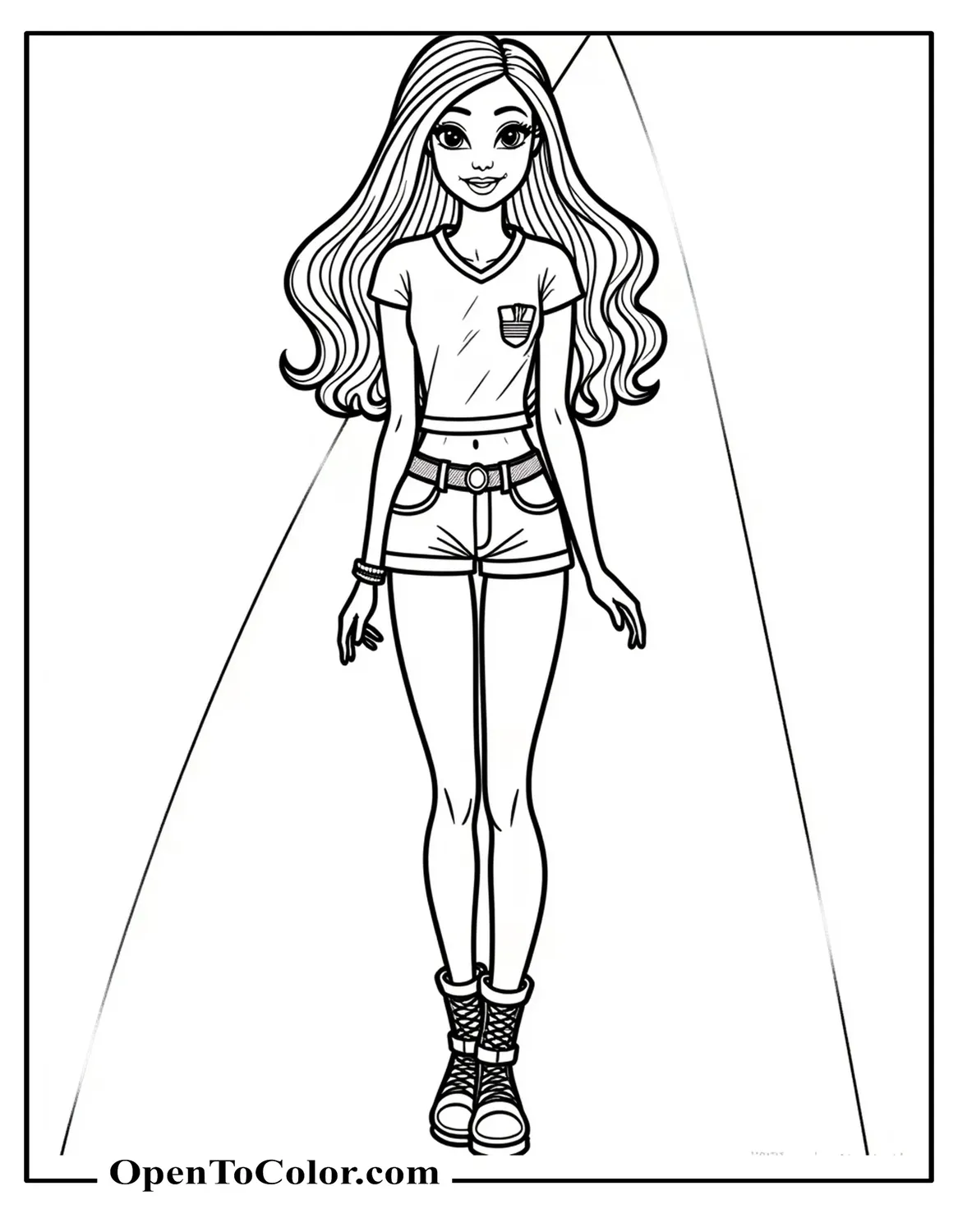 Barbie Wearing A Pink Adventure Outfit With Movie Spotlight Behind Her Coloring Page PDF