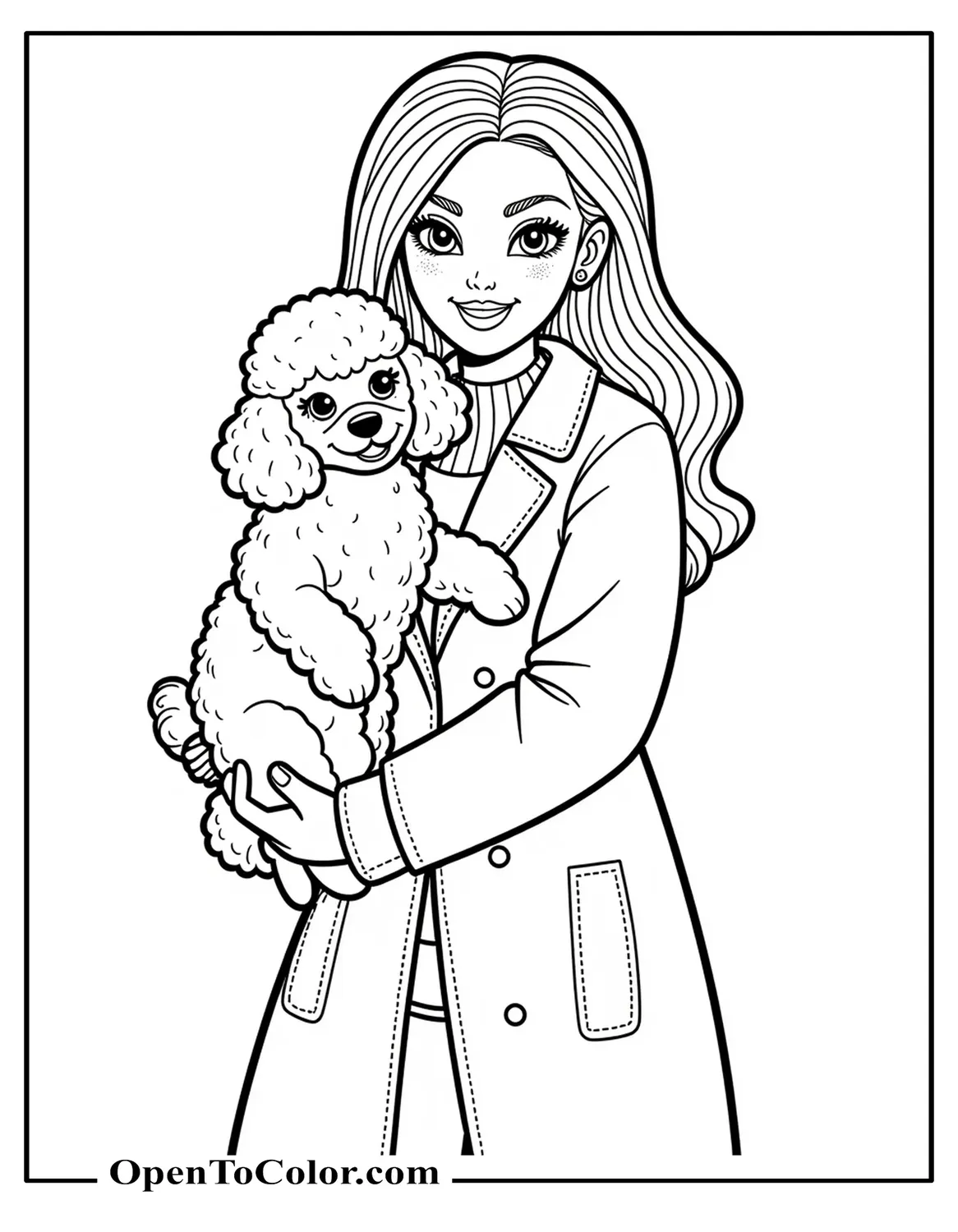 Barbie smiling holding a fluffy poodle while wearing a coat and gloves coloring page printable.