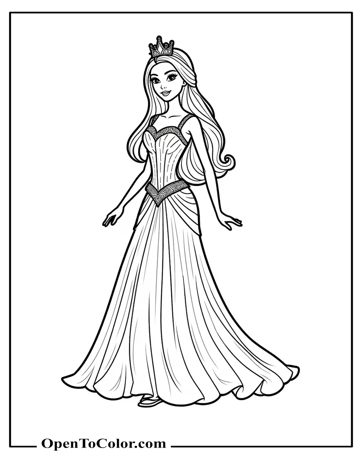 Princess Barbie With A Crown And Long Gown Coloring Page PDF