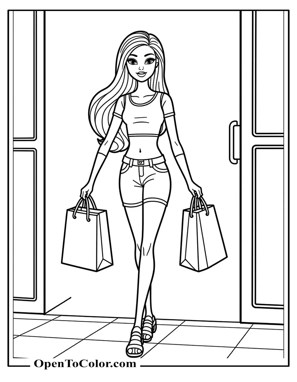Barbie walking out of a store holding shopping bags coloring sheet PDF