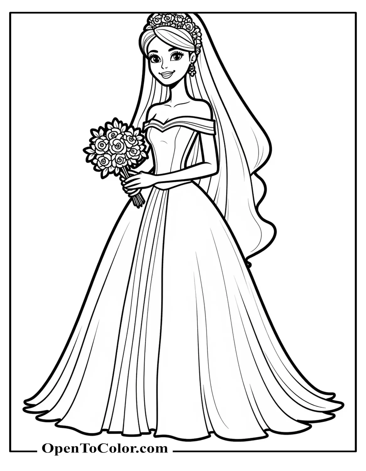 Barbie in a bridal gown holding a bouquet and smiling coloring page PDF