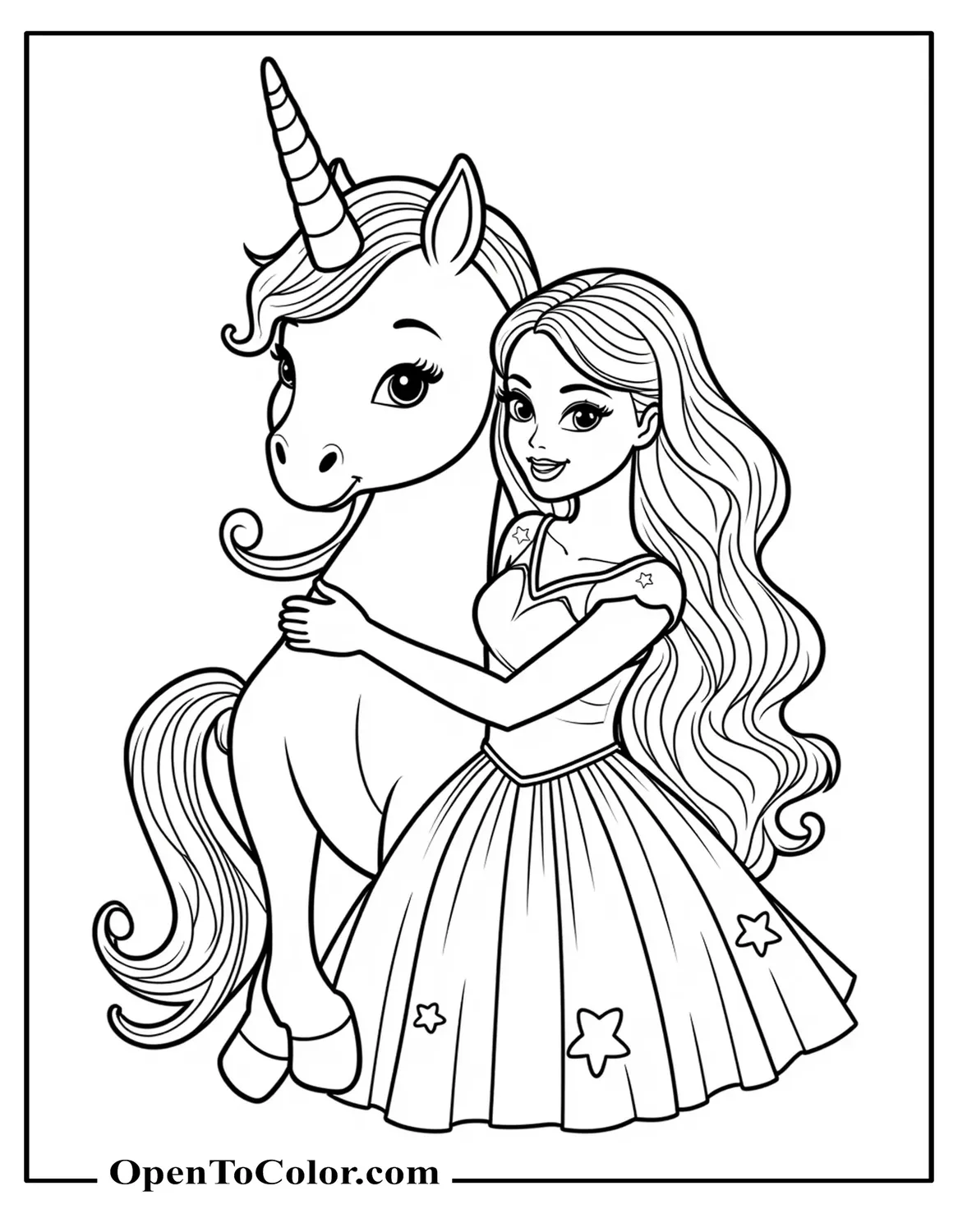 Printable coloring page of Barbie hugging a unicorn wearing a magical starry dress.