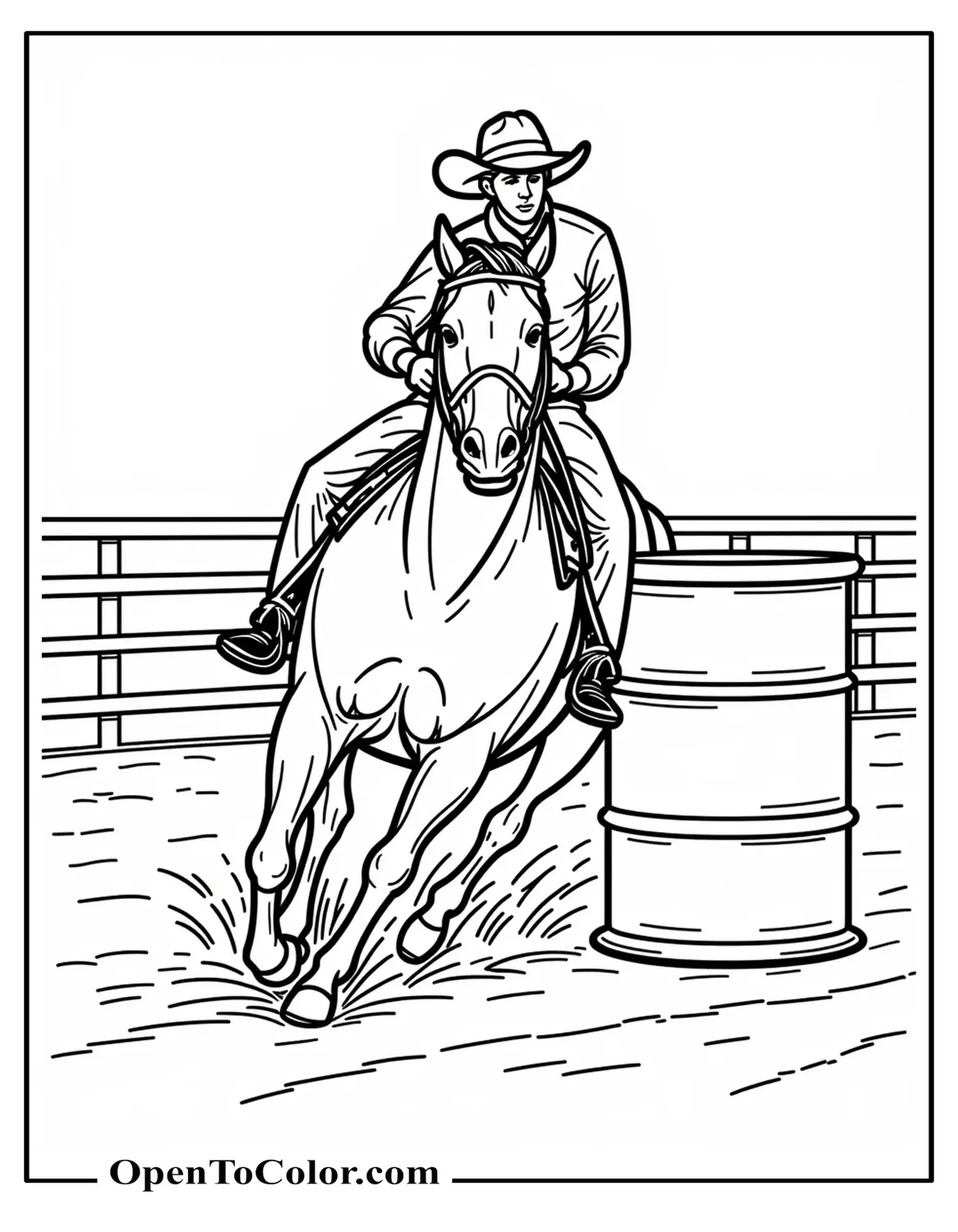Barrel Racing Horse Leaning Hard Around Barrel Mid-Turn Coloring Page PDF