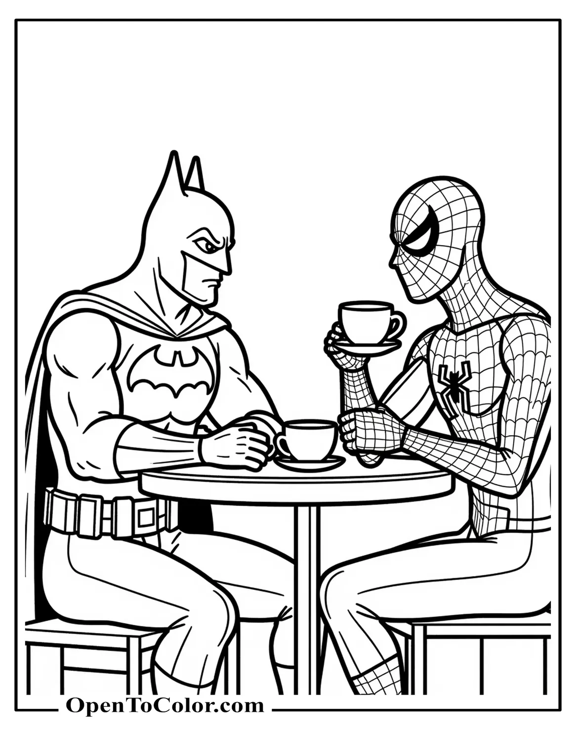 Free Coloring Sheet of Batman and Spiderman Sitting at the Table and Drinking Tea
