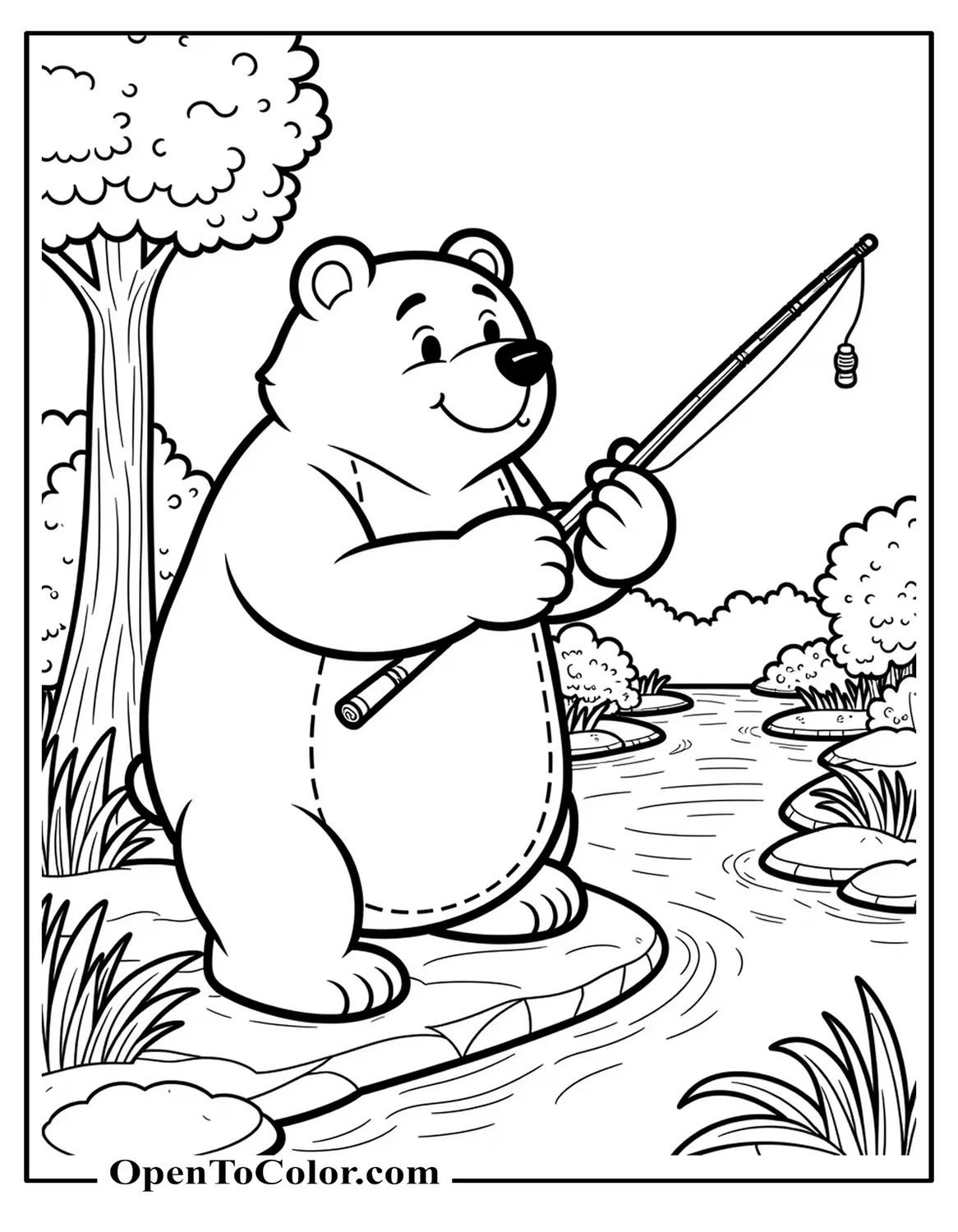 Detailed Cartoon Bear Fishing With A Bamboo Rod At A Calm Woodland Stream Coloring Page PDF